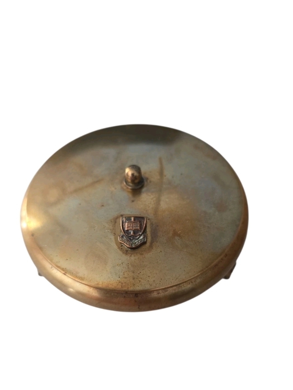 Vintage Brass Footed Trinket Box with Lid Velvet Lined Notre Dame Crest